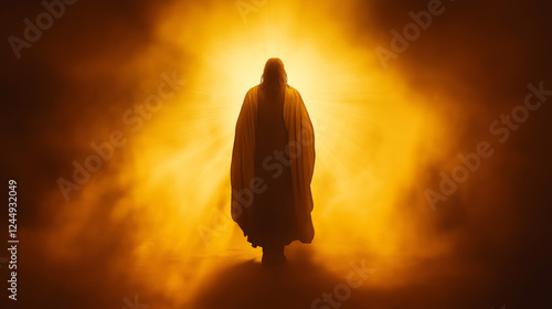 Mystical backlit silhouette of Jesus Christ in glowing golden clouds, symbolizing resurrection, Easter, divinity, faith, spirituality, religious devotion, hope, peace, and salvation.