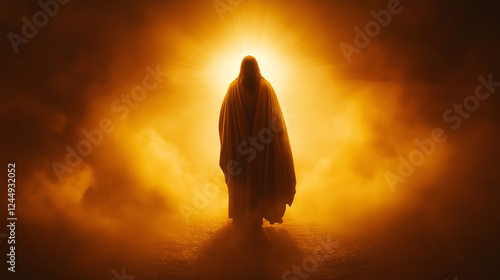 Mystical backlit silhouette of Jesus Christ in glowing golden clouds, symbolizing resurrection, Easter, divinity, faith, spirituality, religious devotion, hope, peace, and salvation.