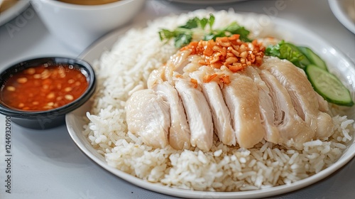 Delicious Hainanese Chicken Rice with Chili Sauce Close-Up View photo