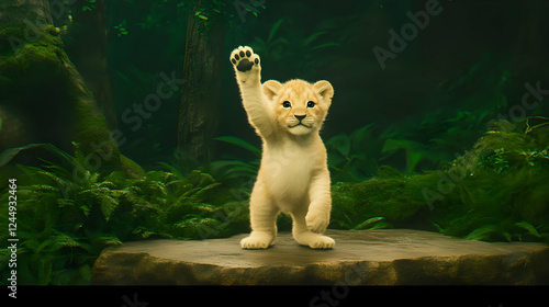 Playful Lion Cub Raises Paw...
