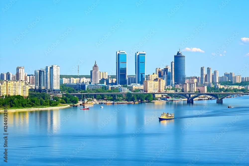 Obraz premium Modern Cityscape with River and Bridge under Blue Sky on a Sunny Day