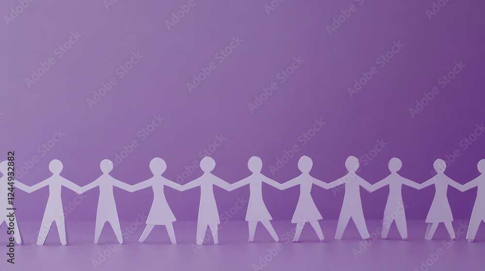 Row of Paper People Holding Hands on Purple Background. Unity and Teamwork Concept Art Row of Paper People Holding Hands on Purple Background. Unity and Teamwork Concept Art