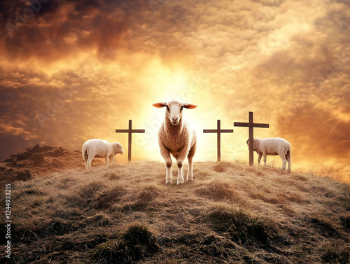 Three Sheep Stand on Hillto...
