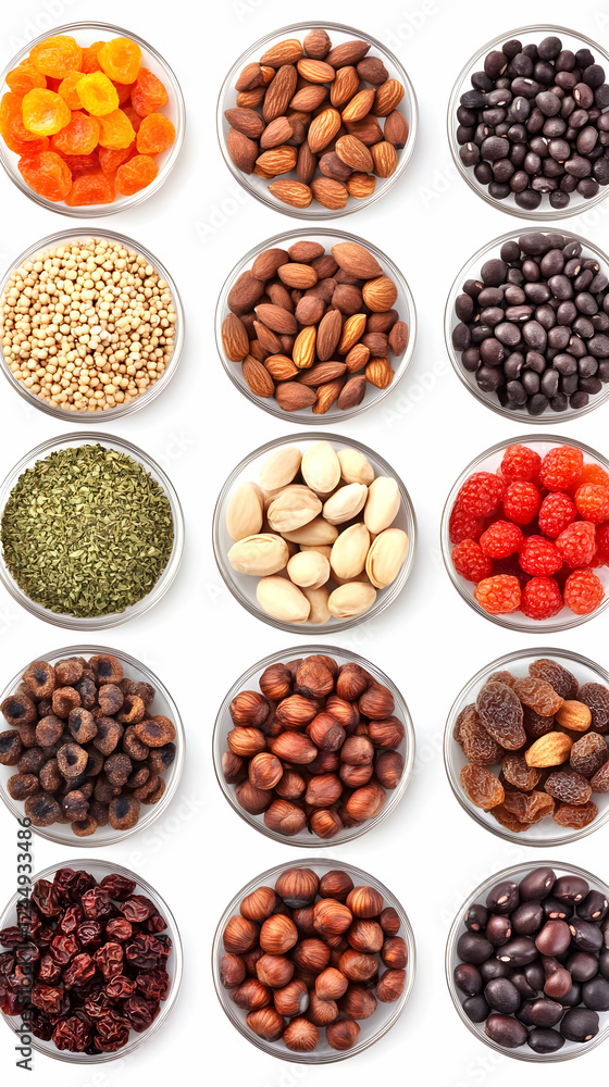Assortment of Dried Fruits, Nuts, and Seeds in Glass Bowls on White Background Assortment of Dried Fruits, Nuts, and Seeds in Glass Bowls on White Background