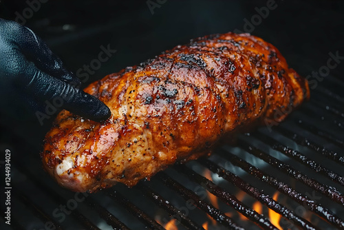 Gloved hand checks grilled pork loin on BBQ