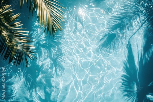 Overhead view of a blue swimming pool water with palm leaf shadows and sunlight, creating a tropical summer vacation vibe perfect for leisure and relaxation themes.
