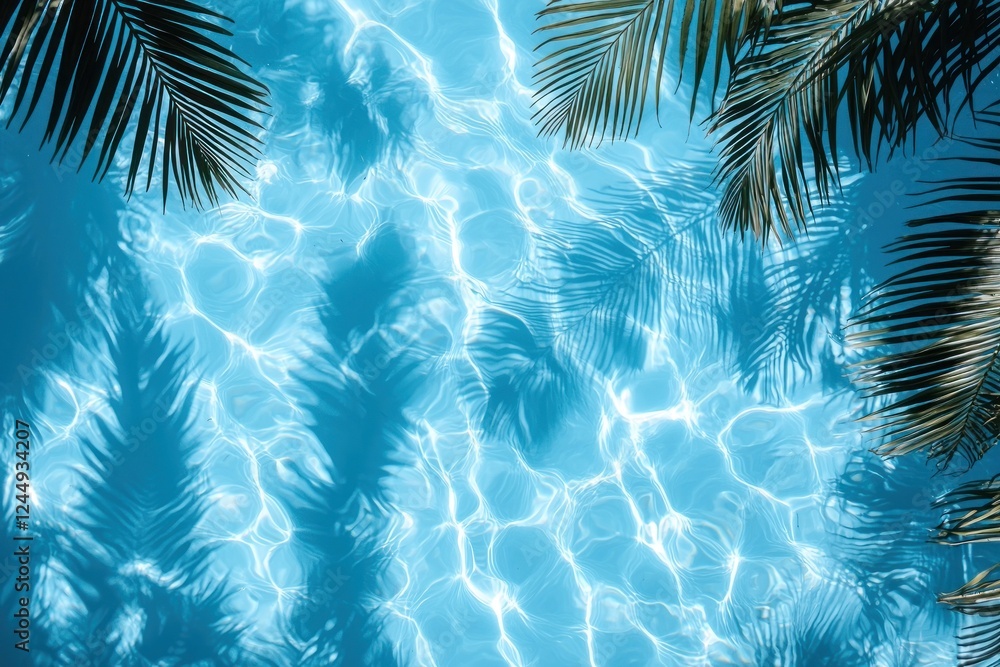 Overhead view of a blue swimming pool water with palm leaf shadows and sunlight, creating a tropical summer vacation vibe perfect for leisure and relaxation themes. Overhead view of a blue swimming pool water with palm leaf shadows and sunlight, creating a tropical summer vacation vibe perfect for leisure and relaxation themes.
