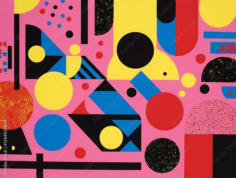 Fototapeta premium A playful abstract composition featuring geometric shapes in bold colors like pink, yellow, blue, red, and black, creating a dynamic and eye-catching modern design 