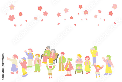 横並びの多世代の人々と桜[お花見]のフラットなイラスト（セット）
