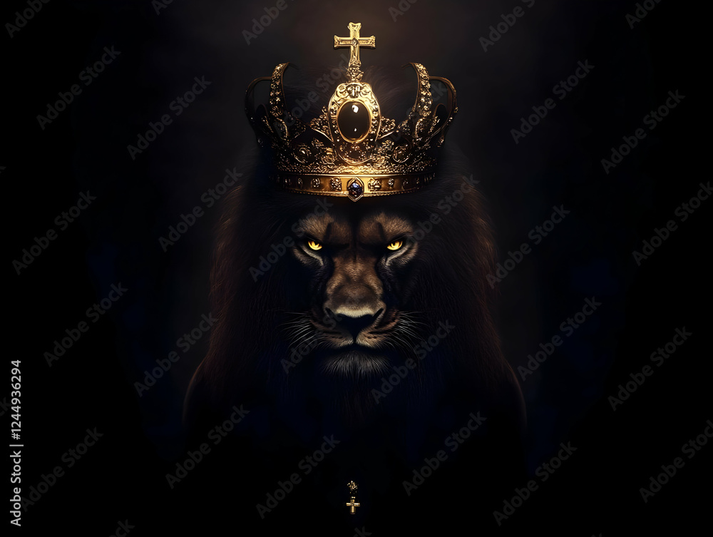 Majestic Lion Wears a Golden Crown with Cross, Symbolizing Royalty and Power in Digital Art Majestic Lion Wears a Golden Crown with Cross, Symbolizing Royalty and Power in Digital Art