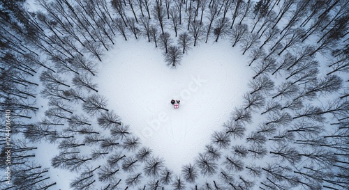 Winter theme bare trees aligned to form a heart shape from the sky1 photo