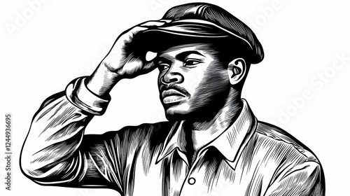 Man in Uniform Adjusts Cap,...