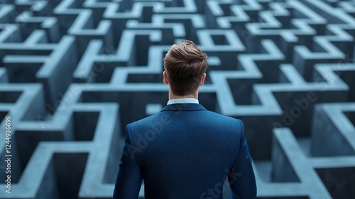 Person In Blue Suit Facing A Gray Stone Maze