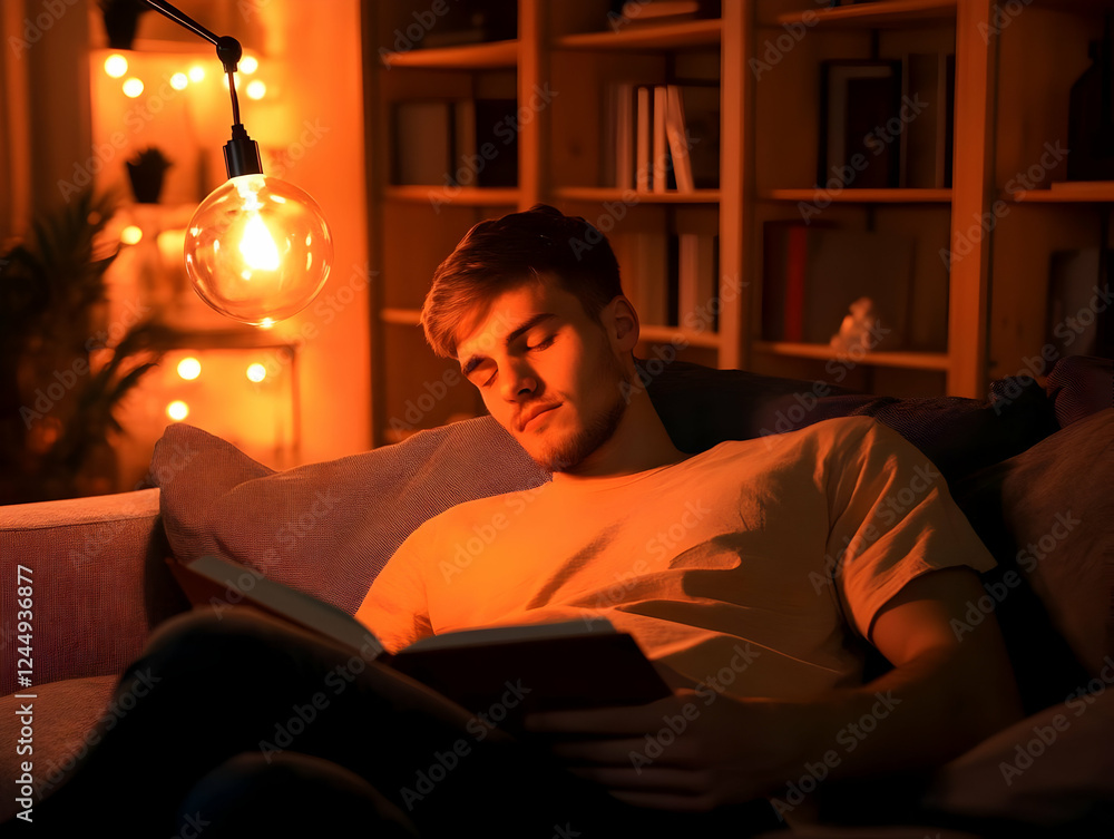 Young Man Reads a Book on the Couch Under Warm Lighting in Cozy Living Room at Night Young Man Reads a Book on the Couch Under Warm Lighting in Cozy Living Room at Night