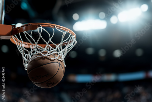 A dramatic close-up capturing the pivotal moment as a basketball slams through a hoop during March Madness