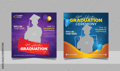 Graduation event greeting social media post education celebration square flyer wishes banner template with photo frame design set