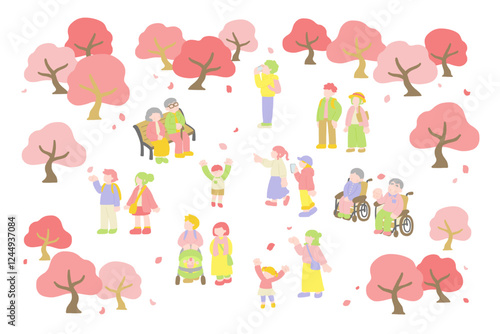 桜[お花見]を楽しむ多世代の人々のフラットなイラスト（セット）
