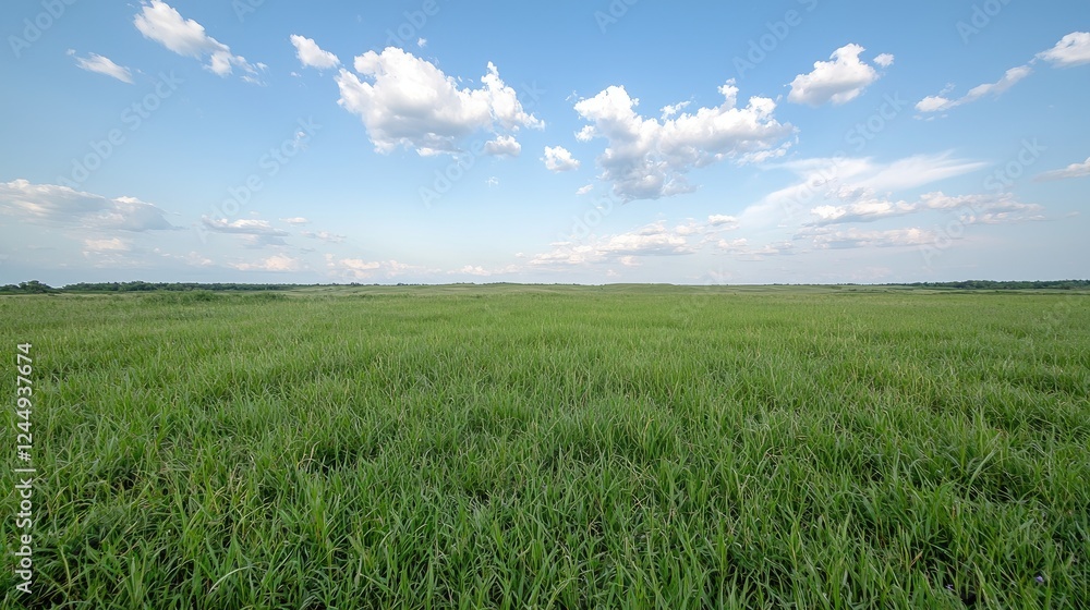 Fototapeta premium Summer meadow landscape under blue sky, idyllic rural scene, nature background