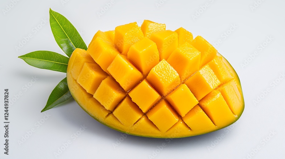 Ripe Yellow Mango Sliced into Cubes on Gray Background Ripe Yellow Mango Sliced into Cubes on Gray Background