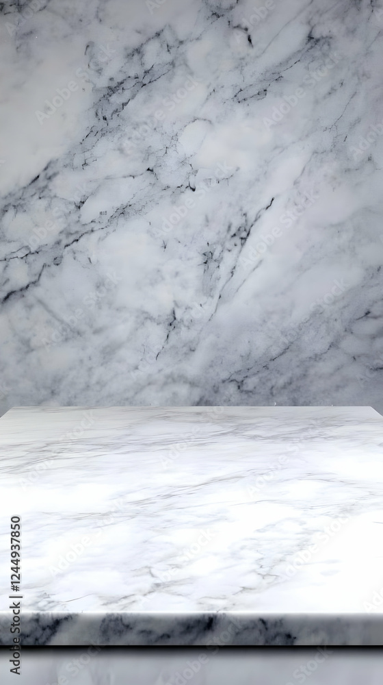 Obraz premium Empty white marble table top on marble wall background, perfect for product display.