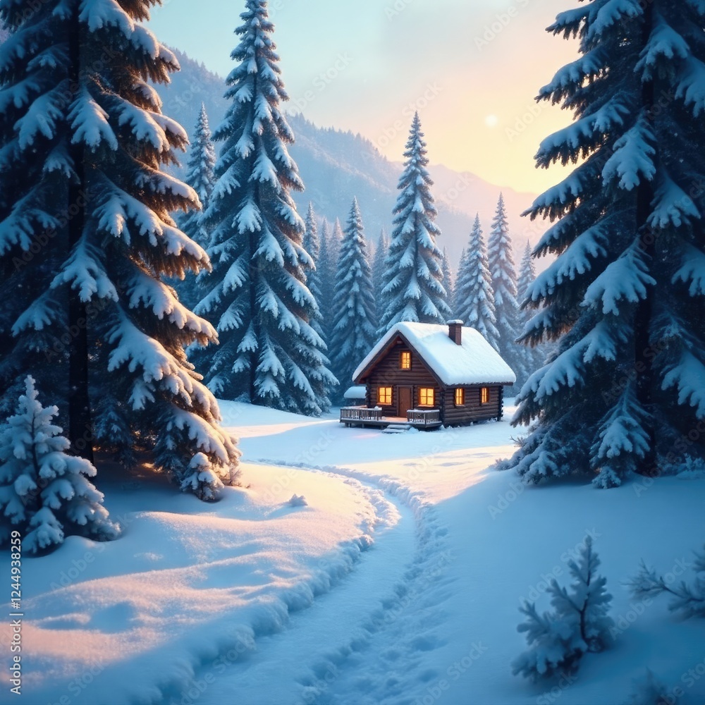 Fototapeta premium Snowy forest with a warm cabin in the distance, cabin, snowflakes, snow