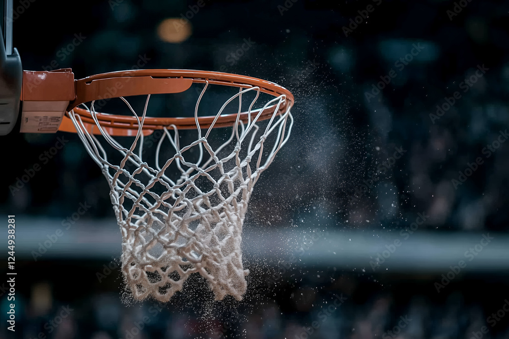 A dramatic close-up capturing the pivotal moment as a basketball slams through a hoop during March Madness A dramatic close-up capturing the pivotal moment as a basketball slams through a hoop during March Madness