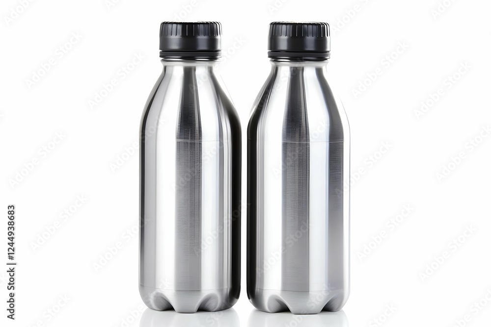 Two Shiny Metal Bottles Stand on a White Background Perfectly Side-by-Side with Black Caps Two Shiny Metal Bottles Stand on a White Background Perfectly Side-by-Side with Black Caps