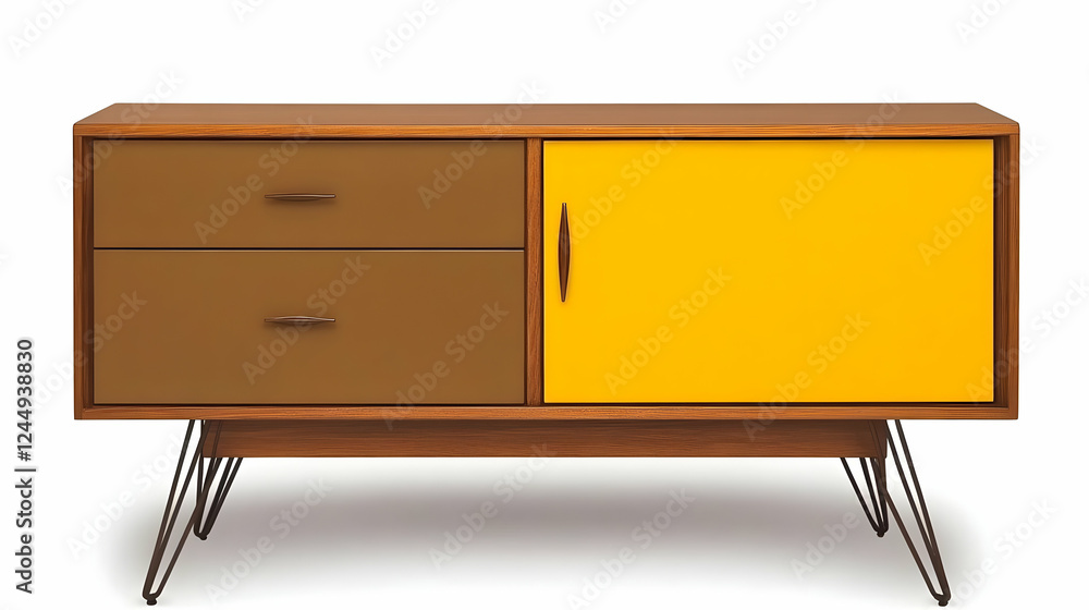 Mid-Century Modern Sideboard Showcases Brown Drawers and a Vibrant Yellow Cabinet Door with Hairpin Legs. Mid-Century Modern Sideboard Showcases Brown Drawers and a Vibrant Yellow Cabinet Door with Hairpin Legs.