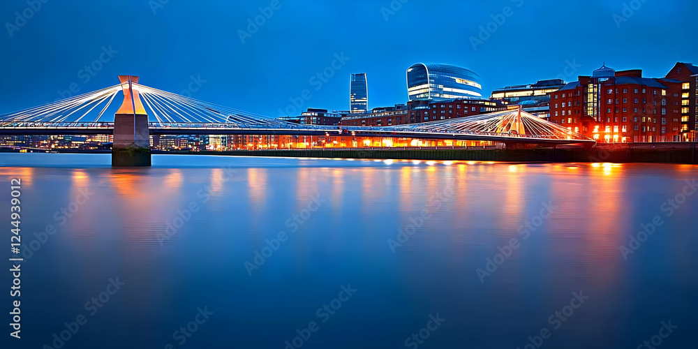 Naklejka premium Modern Cable-Stayed Bridge Illuminates the Cityscape at Twilight, Reflecting on Calm Waters Beautifully.