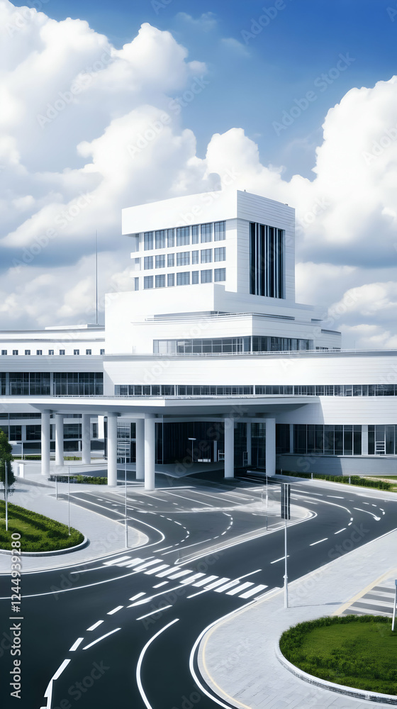 Naklejka premium Modern White Building Stands Tall with a Cloudy Sky Background and Roadway System