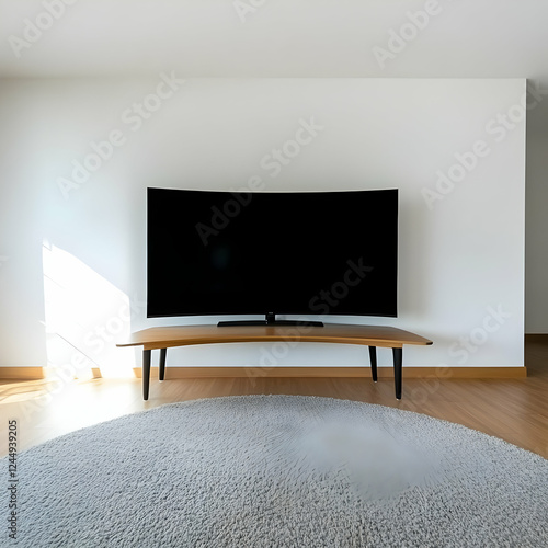 Curved TV sits on a wooden ...