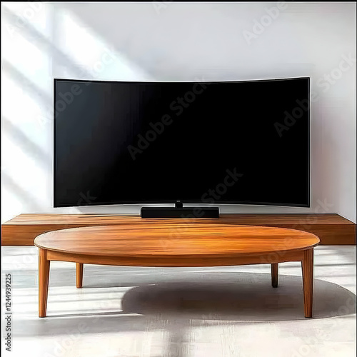 Curved TV sits on a wooden ...