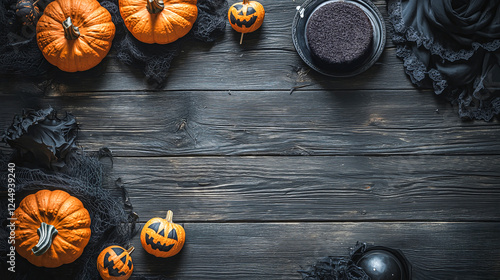 Top View of Rustic Halloween Treat Table on Dark Wood Background.