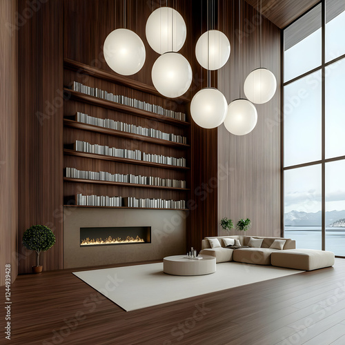 Modern Living Room Interior Design Showcases Wooden Walls, Fireplace, Bookshelves, and Large Windows.