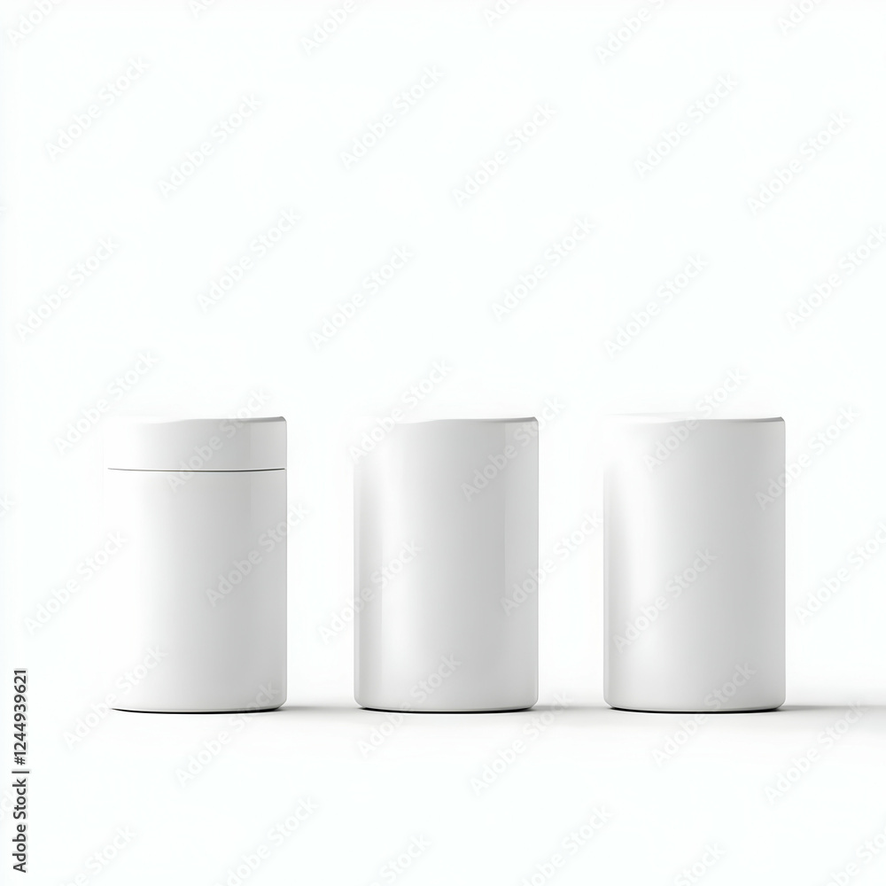 Three White Cosmetic Jars Stand on a White Background in a Simple, Clean Arrangement. Three White Cosmetic Jars Stand on a White Background in a Simple, Clean Arrangement.