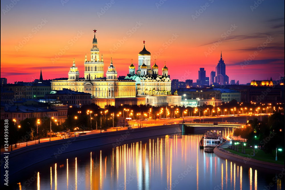 Obraz premium Illuminated Cathedral and Cityscape Reflect in River at Sunset Beautifully