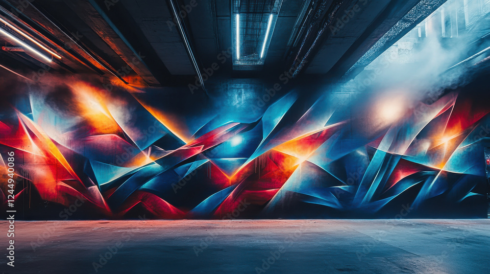 A dynamic and colorful street mural covering an entire back alley wall, showcasing fluid, overlapping graffiti tags and striking geometric patterns A dynamic and colorful street mural covering an entire back alley wall, showcasing fluid, overlapping graffiti tags and striking geometric patterns