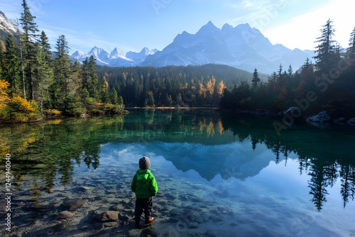 Child observes serene mount...