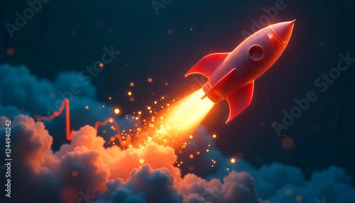 Red Rocket Launching Into Space Dramatic Night Scene