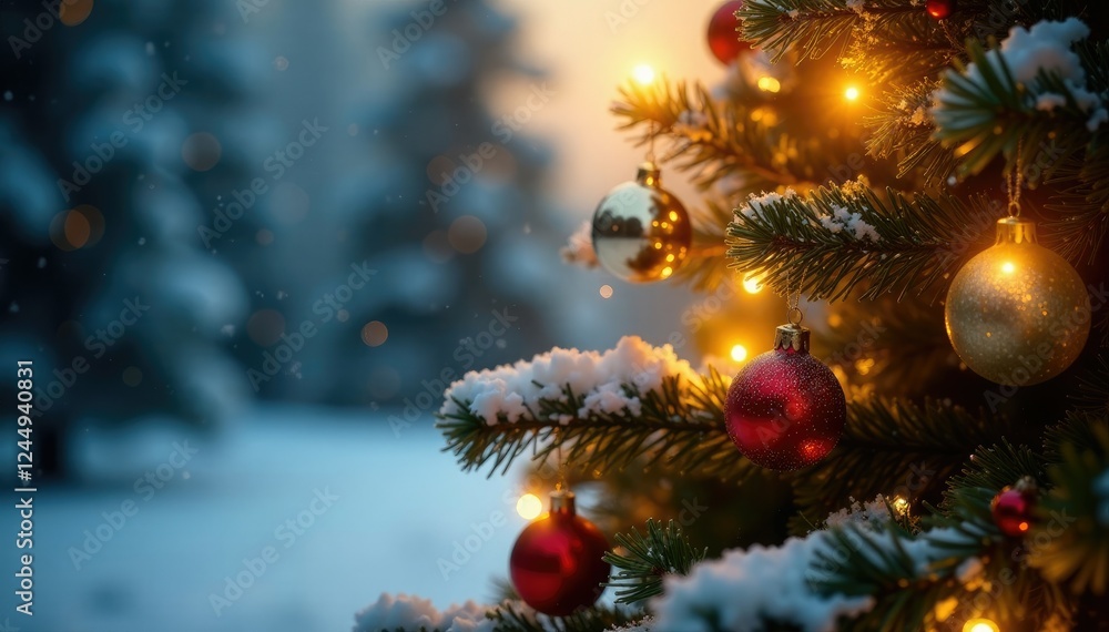 warm golden light shines on festive Christmas tree, winter wonderland, trees ornaments lights warm golden light shines on festive Christmas tree, winter wonderland, trees ornaments lights