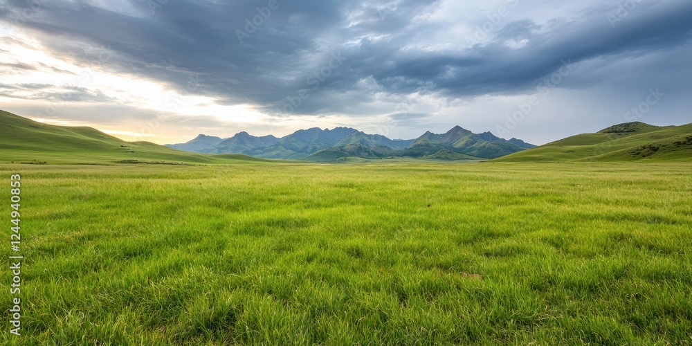 Vast Green Meadow Under Dramatic Mountain Sky Vast Green Meadow Under Dramatic Mountain Sky