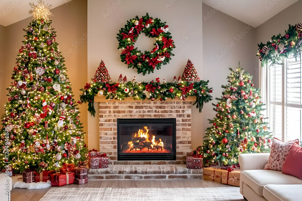 Fototapeta premium Cozy Living Room Decorated for Festive Season with Christmas Trees, Wreath, Garland, and Gifts around a Fireplace.