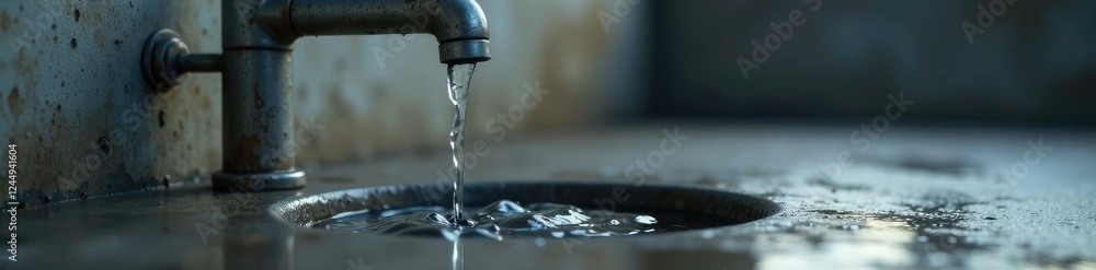 Water drips from faucet onto concrete floor slowly, concrete, floor Water drips from faucet onto concrete floor slowly, concrete, floor