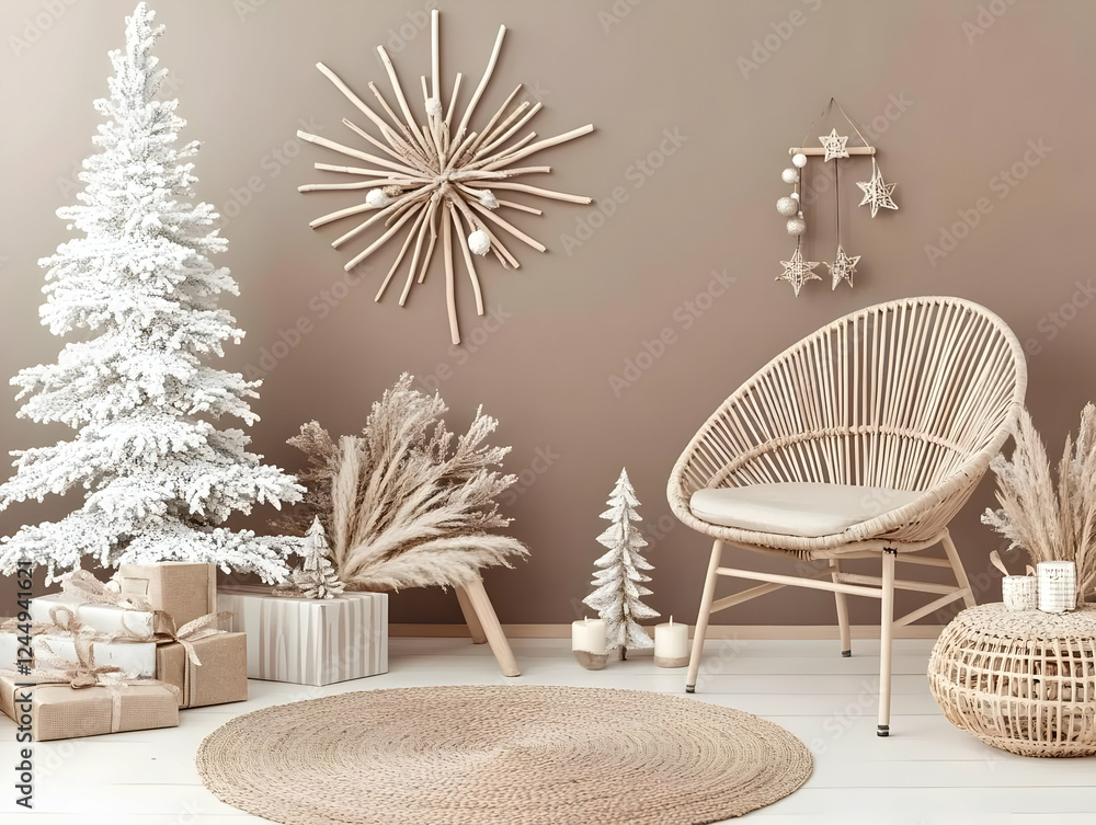 Obraz premium Cozy Christmas Interior Design showcases a white Christmas tree, gifts, and natural decorations.