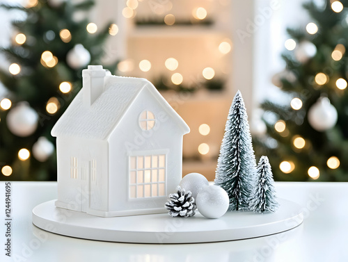 White Christmas Village House Decor Creates Festive Ambiance in a Room with Warm Lights photo