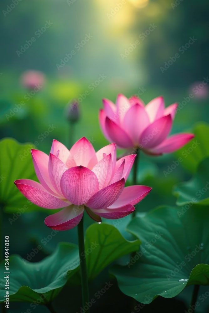 Blooming lotus flowers in soft light with rain, floral, mystical Blooming lotus flowers in soft light with rain, floral, mystical