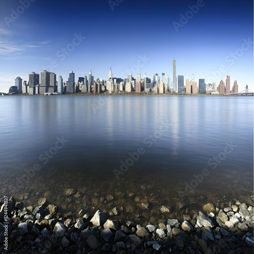 Cityscape reflected in calm...
