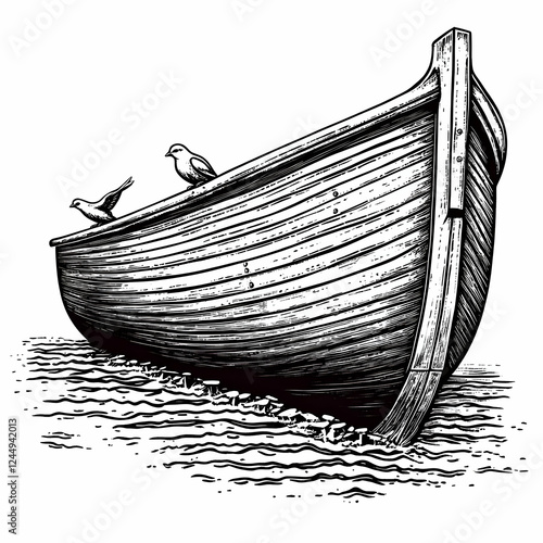 Vintage Wood Boat with Bird...