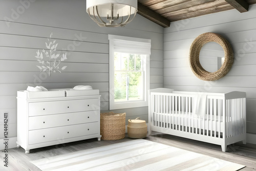 Serene Nursery Interior with White Crib and Dresser with Wooden Accents