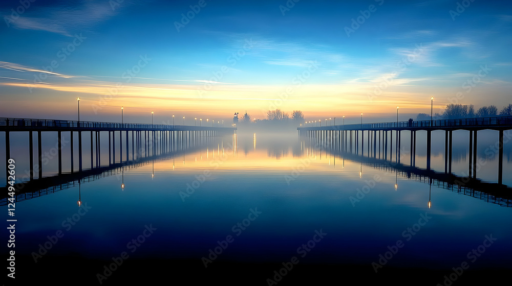 Fototapeta premium Long Pier Stretches Across Calm Water at Sunrise with Fog Gently Rising